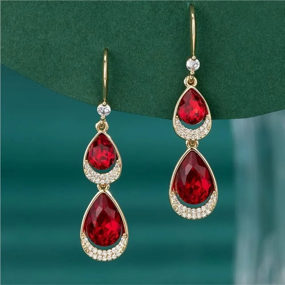 14K Yellow Gold with Ruby Red Austrian Crystal Double Teardrop Hook Earrings